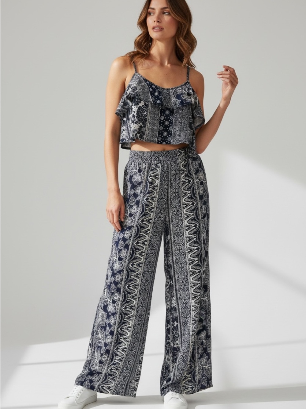 Women's Navy Paisley Crop Top and Wide-Leg Palazzo Pants